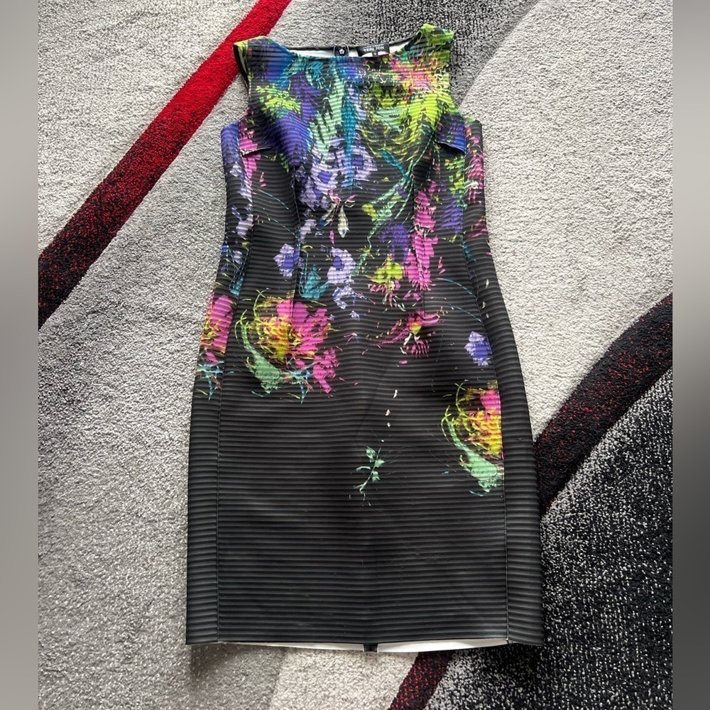 Rickie Freeman Teri Jon Floral Artsy Print Pleated Sheath Dress